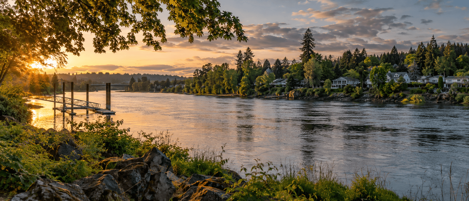 Downtown Gladstone with its truss bridge over the Clackamas River at sunset.