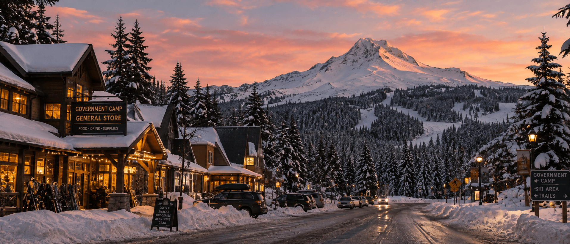 Government Camp at the base of Mt Hood under a winter sunset.