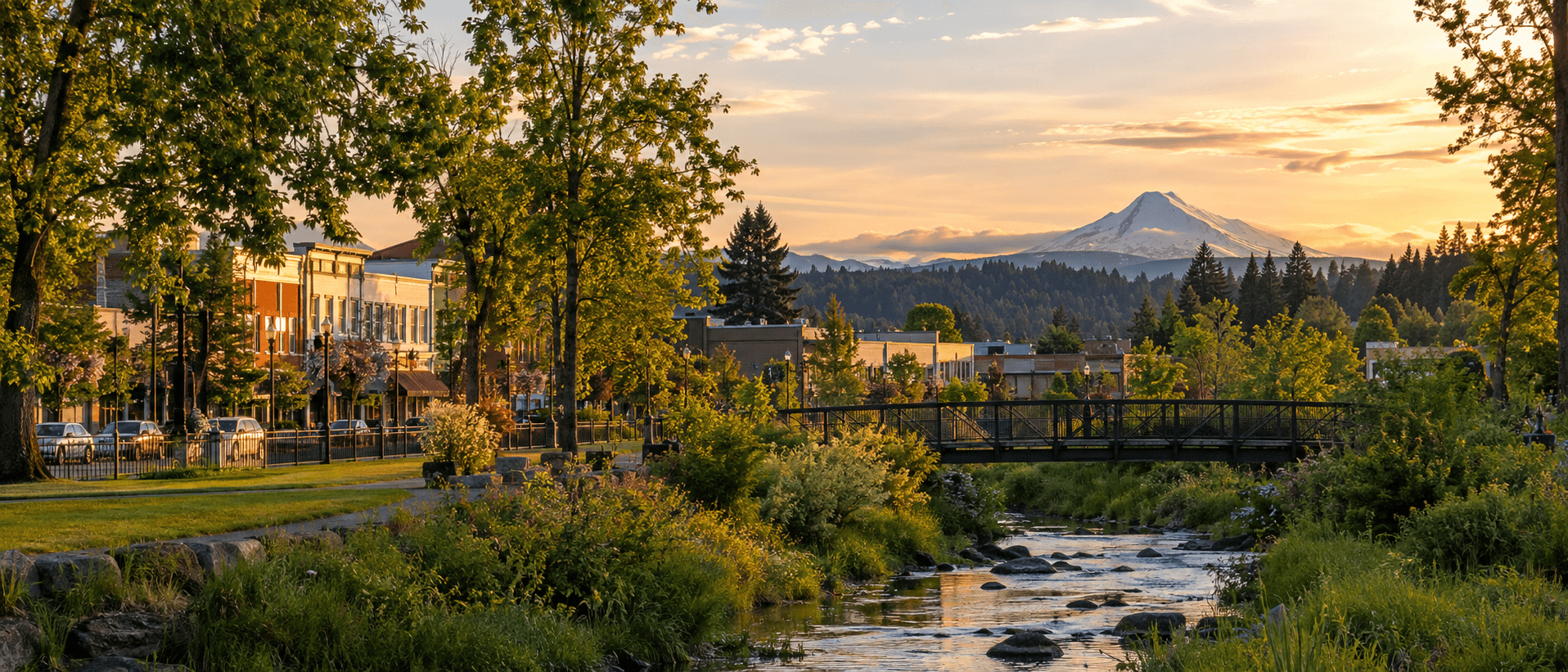 Downtown Gresham with Mt Hood rising behind the trees at sunset.