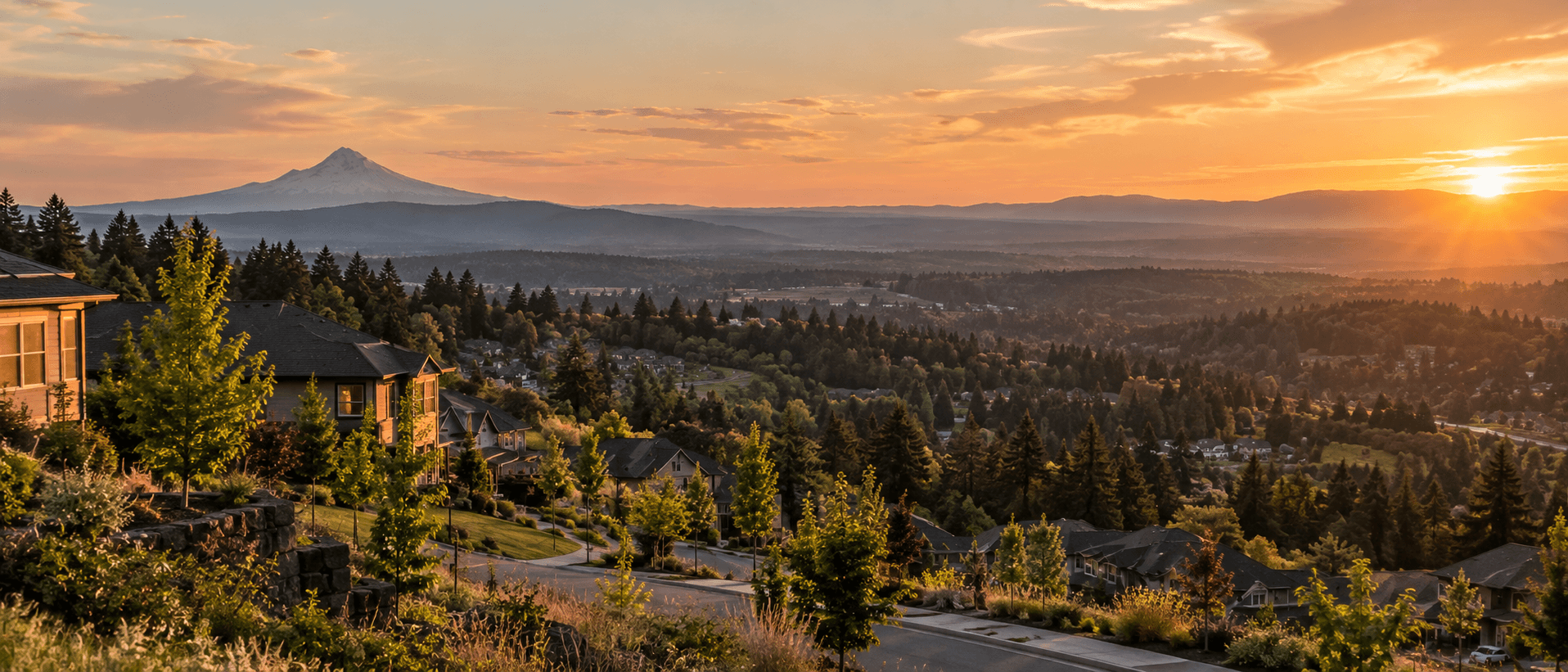 Happy Valley hillside homes with Mt Hood on the horizon at sunset.