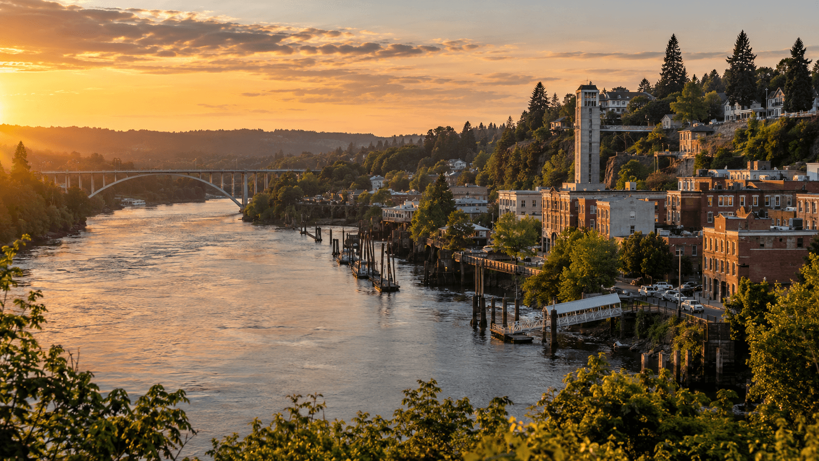 The Willamette River sweeping past the Oregon City Municipal Elevator and historic downtown at sunset.