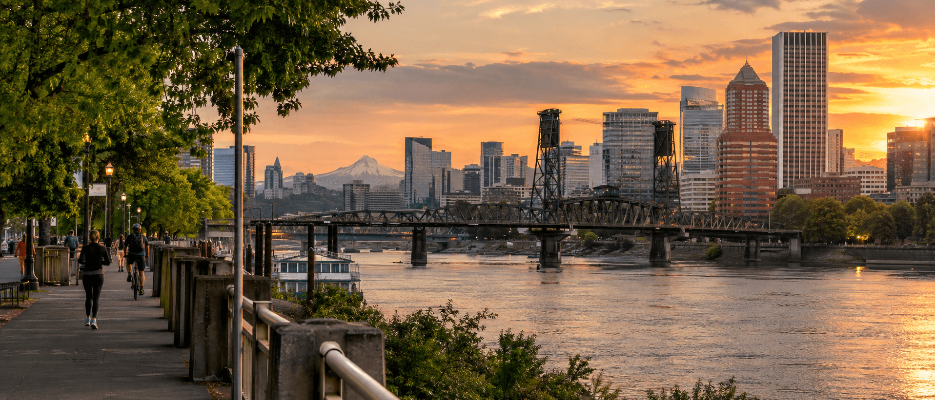 Downtown Portland skyline with Mt Hood at sunset from the Willamette waterfront.