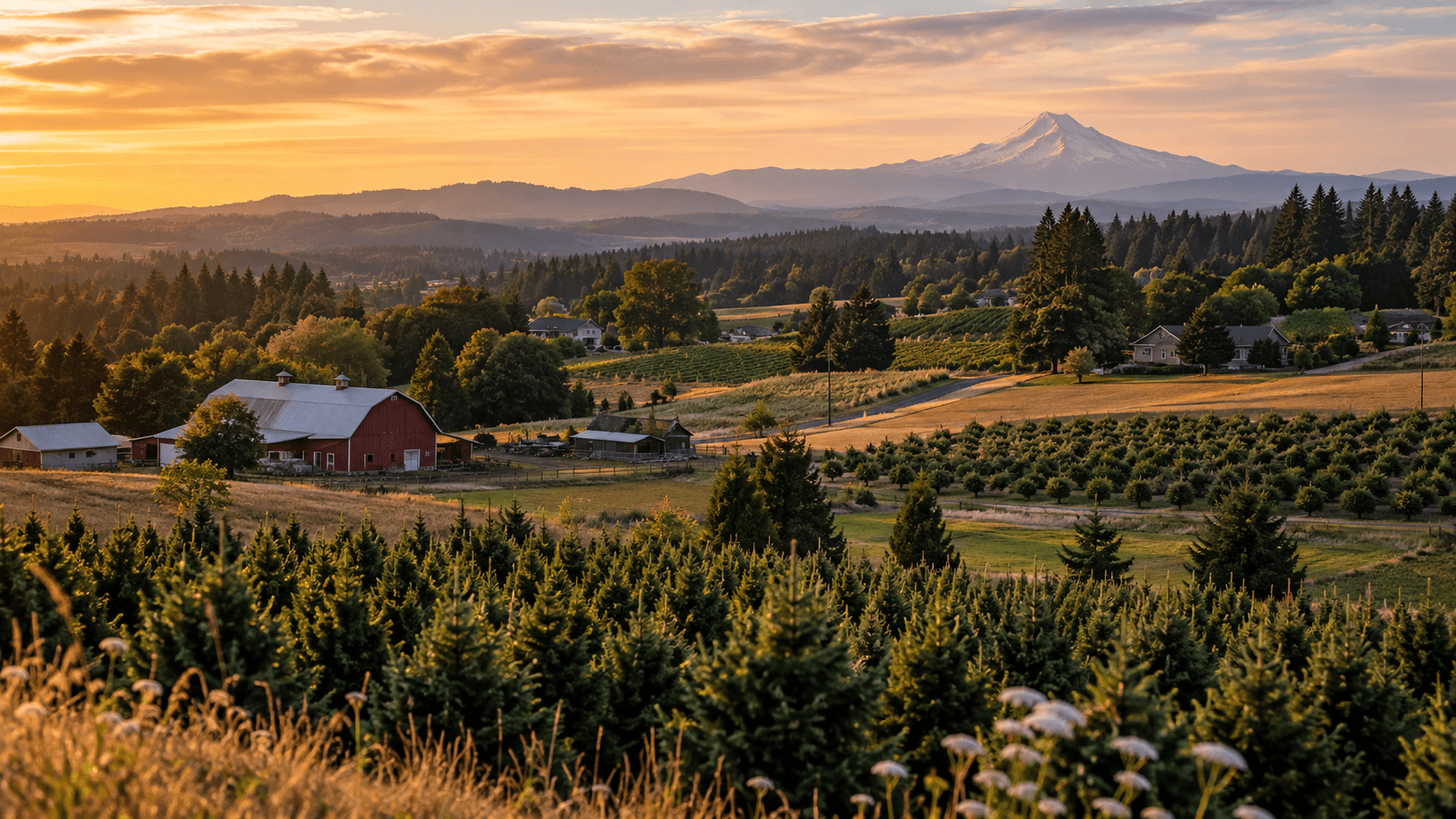 Rural Redland farmland at sunset with Mt Hood on the horizon.